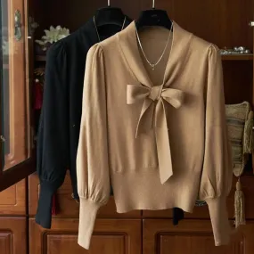2024 Maglione pullover con base manica lanterna con farfallino di nicchia dal design semplice e retrò 2024