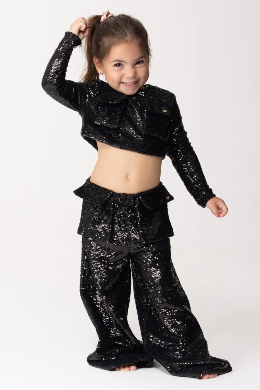 Completo top e pantaloni in paillettes Nero
