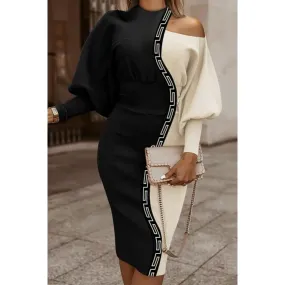 Elegante abito midi con stampa geometrica, nero e beige