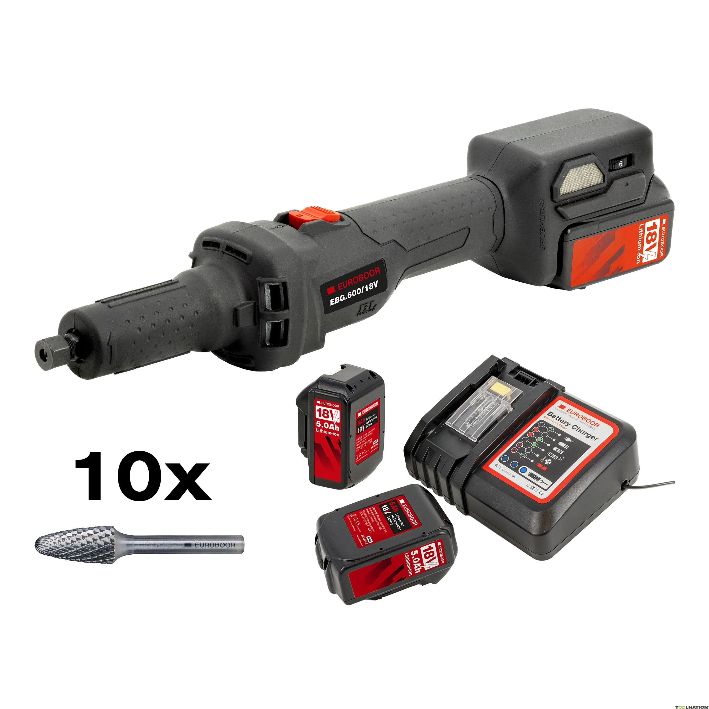 Euroboor EBG.600/18V 5A Promo Smerigliatrice a batteria 18V, 26000 RPM 2x 5 Ah + 10x frese RB.F1206