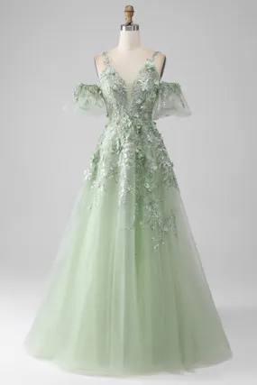 Sage A-Line Maniche staccabili lungo Corsetto Abito da ballo con fiori