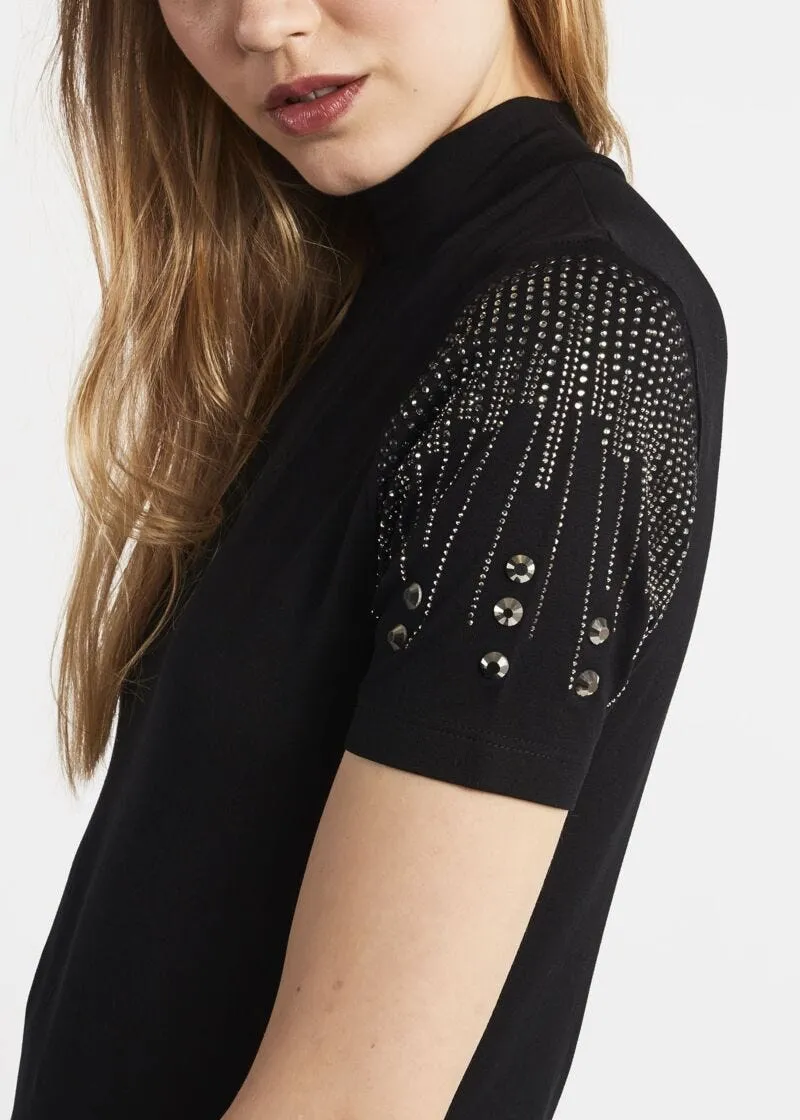 T-shirt a collo alto e strass