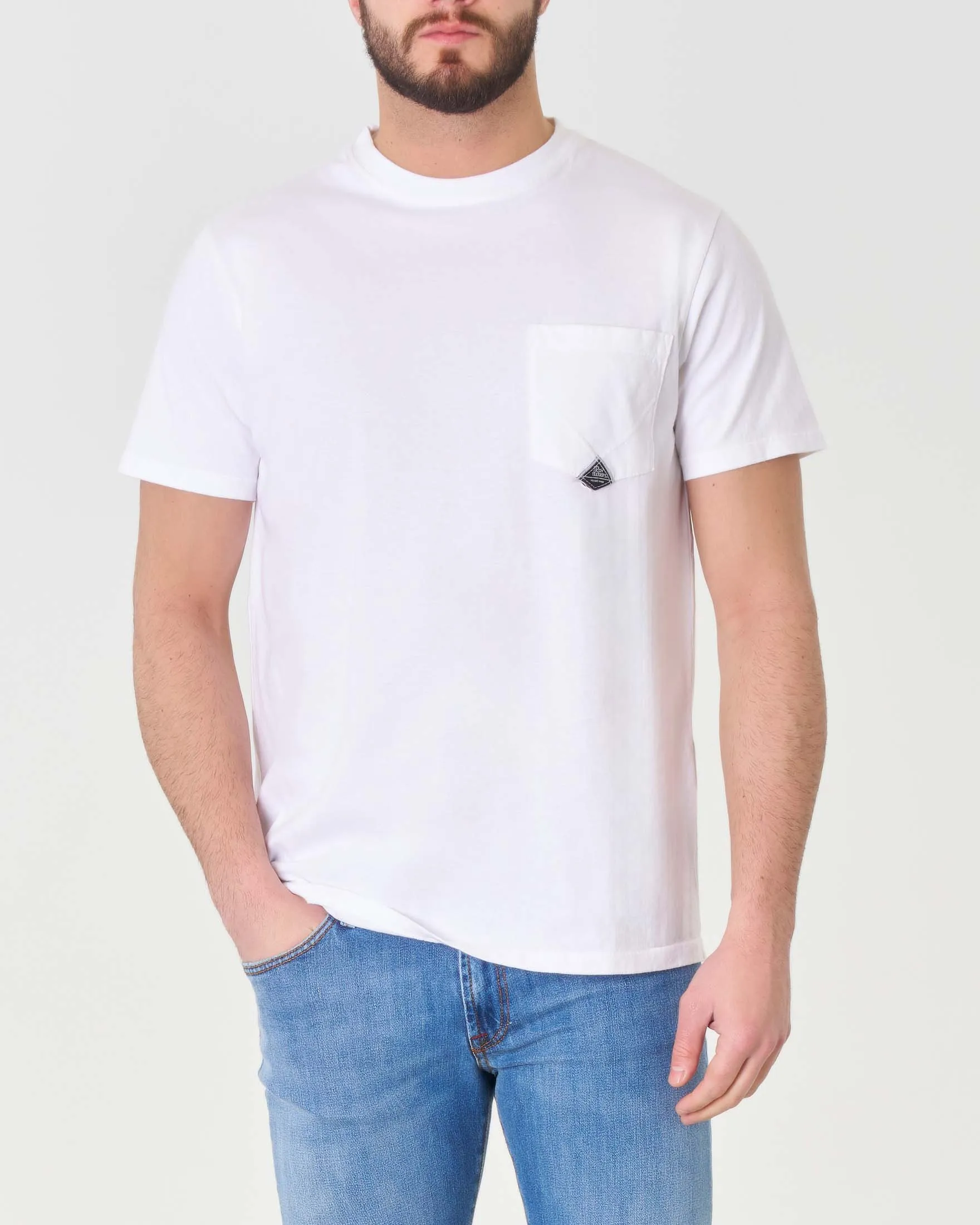T-shirt mezza manica bianca in puro cotone con taschino applicato sul petto